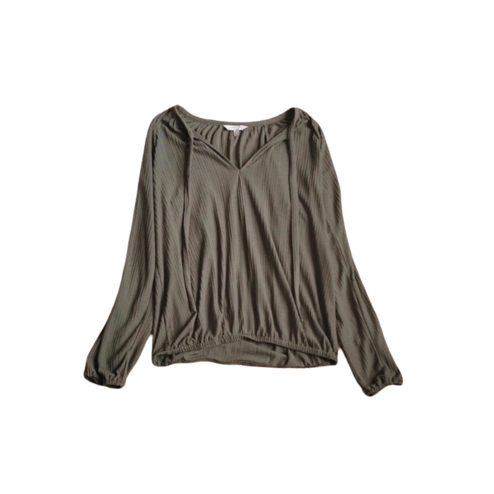 Lucky Brand Boho Notch Neck Long Sleeve Peasant Top Olive Green Size XS